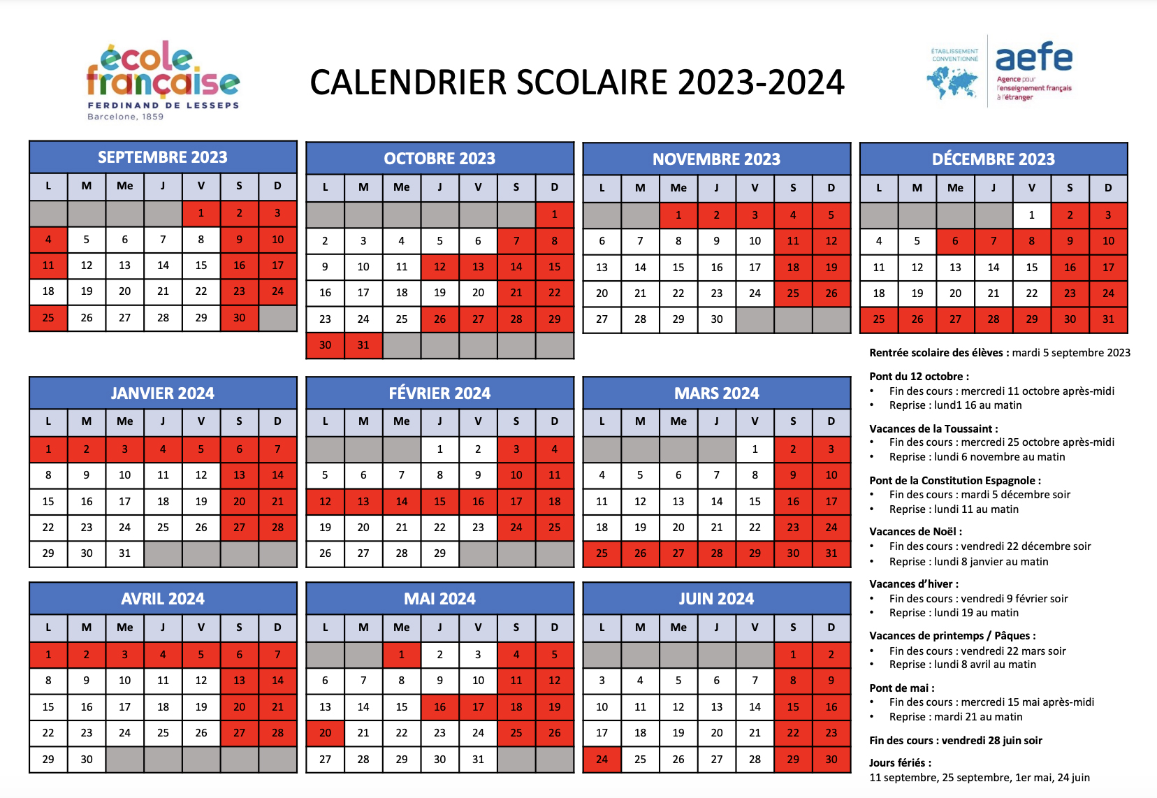 Calendrier 2024 - Calendrier 2023-2024, Sep. 2023 - Liban