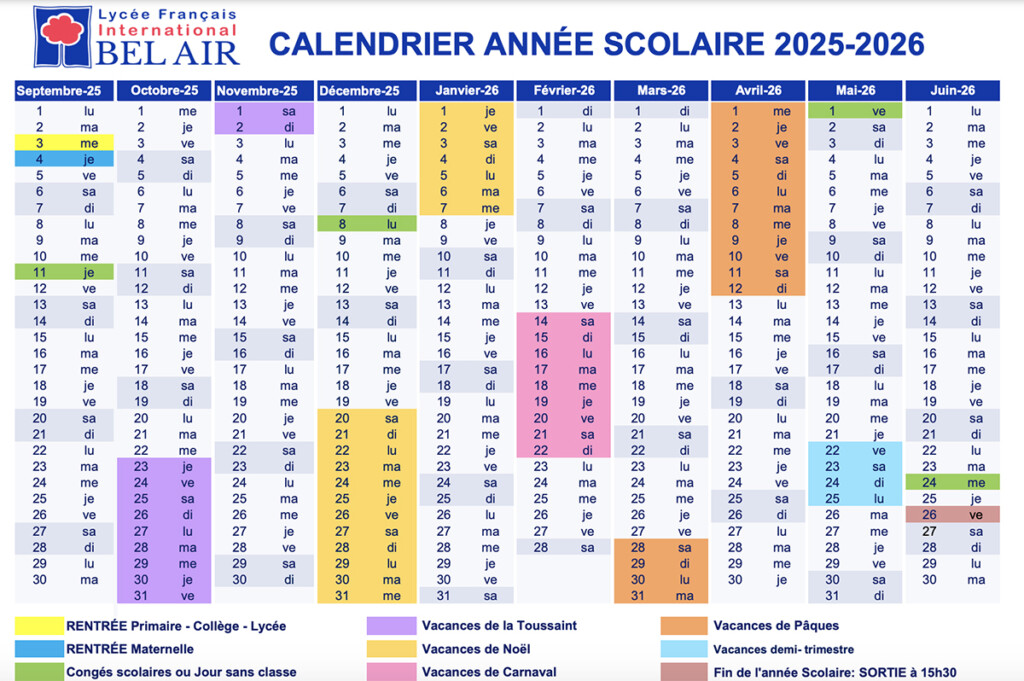Calendrier scolaire du lycée Bel Air