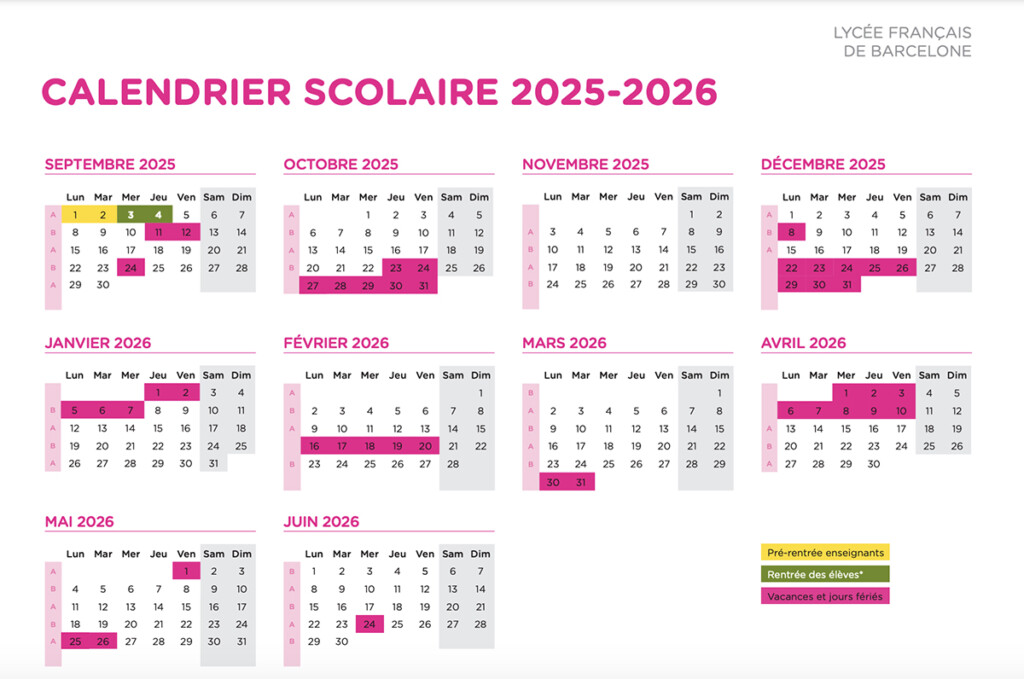 calendrier scolaire 2025 2026 LFB