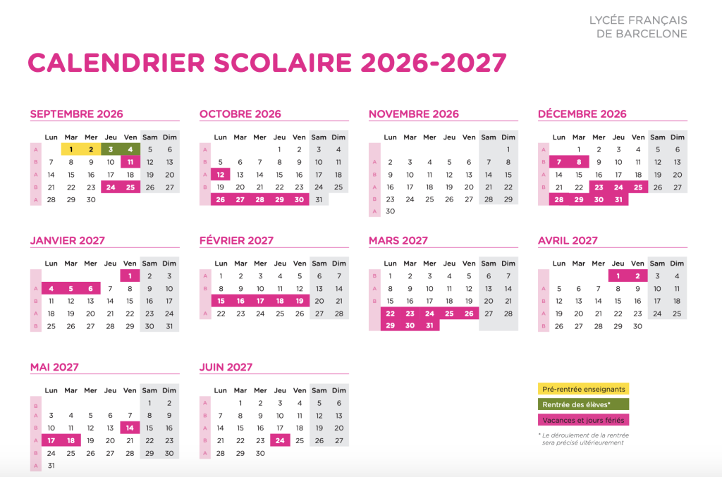 calendrier scolaire 2026 2027 lfb