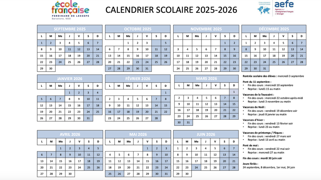 calendrier scolaire barcelone